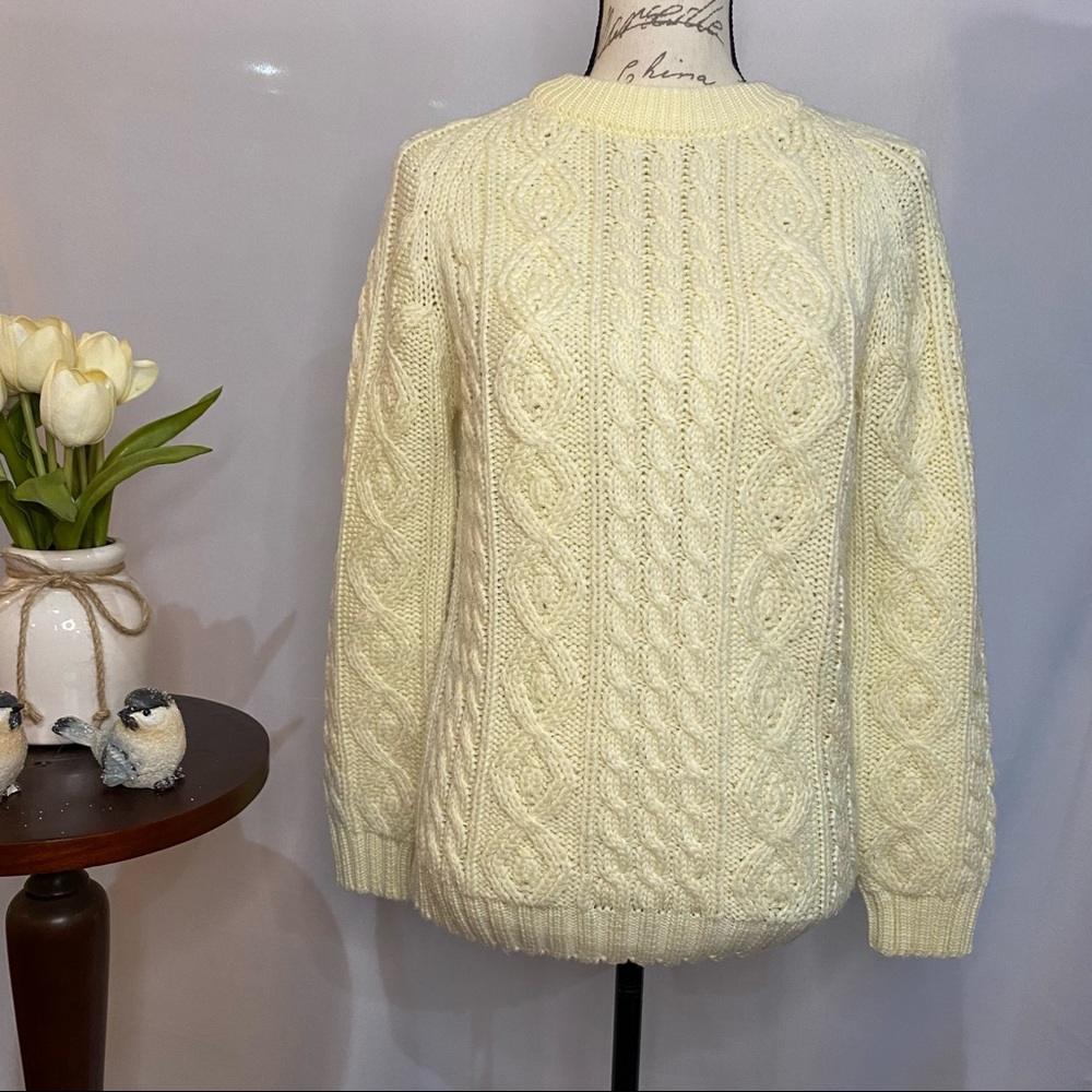 Vintage Hand Loomed 100%Virgin Acrylic‎ Cable Knit Crew Neck Cream Metal Zipper